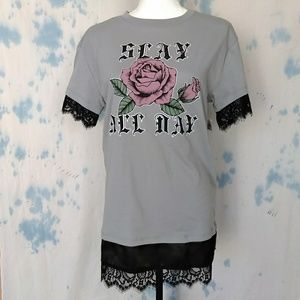 Gold rush slay rose lace trim top size S